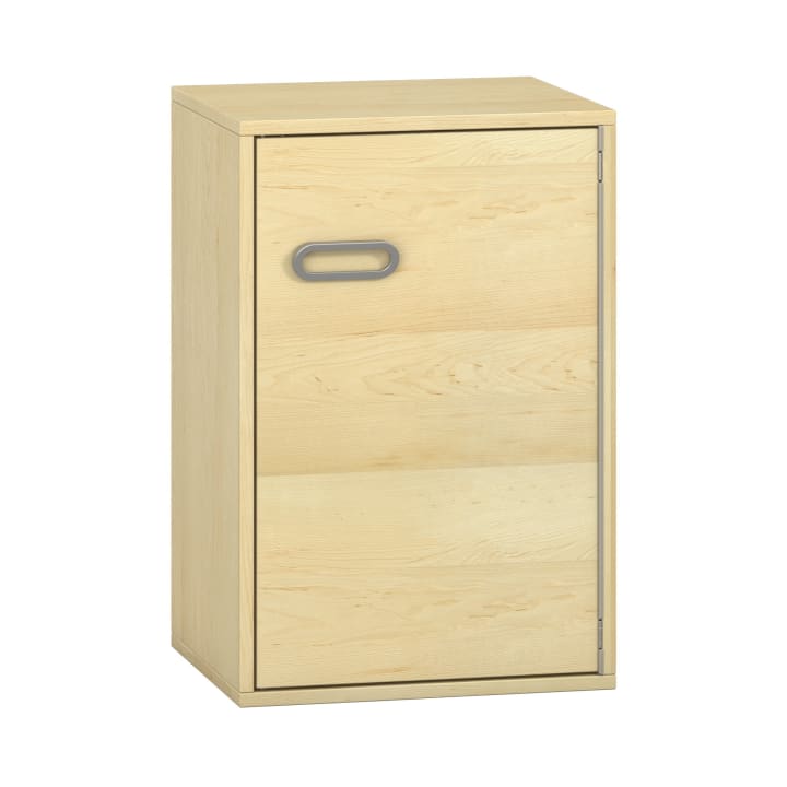 Ein heller Holzschrank mit einer einzigen Tür und einem rechteckigen Metallgriff. Der Schrank hat eine einfache, rechteckige Form und eine glatte Oberfläche.