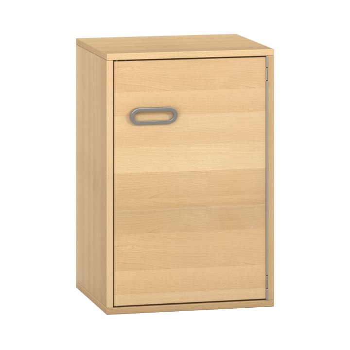 Ein rechteckiger Holzschrank mit heller Holzoberfläche, mit einer einzigen Tür und einem horizontalen ovalen Griff in der Nähe der oberen linken Seite der Tür.
