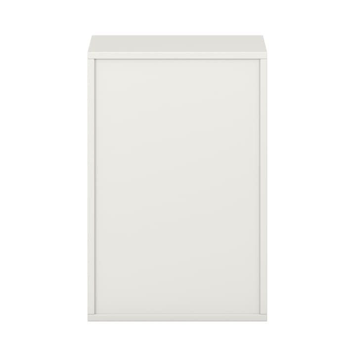 Ein schlichter, weißer, rechteckiger Schrank mit einer flachen Oberseite und ohne sichtbare Griffe oder Beschläge, von vorne gesehen vor einem weißen Hintergrund.