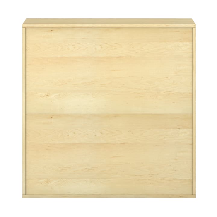 Ein heller, holzfarbener, rechteckiger Schrank mit flacher Oberseite und glatter Vorderseite, mit zwei horizontalen Platten und ohne sichtbare Griffe oder Verzierungen.