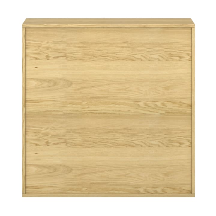 Ein quadratischer, heller Holzschrank mit flacher Front und sichtbarer Holzmaserung. Der Schrank hat keine sichtbaren Griffe oder Beschläge und präsentiert ein minimalistisches Design.