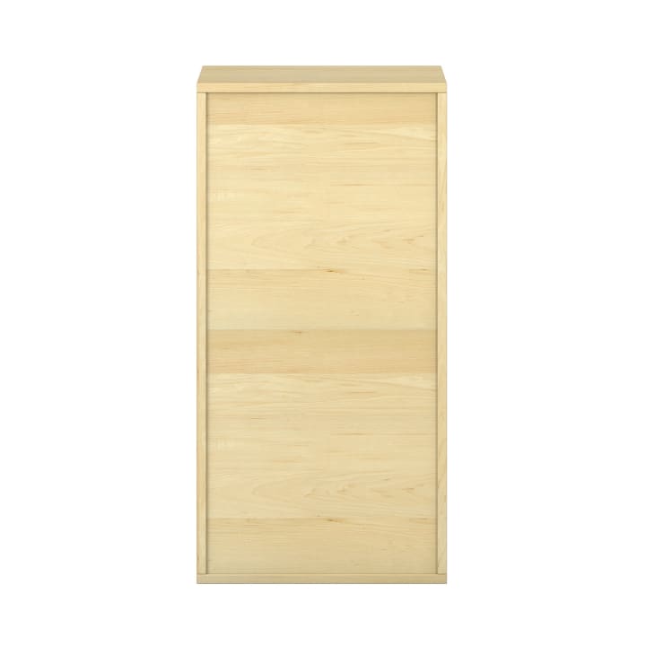 Ein rechteckiger Schrank aus hellem Holz mit einer flachen Platte und einer schlichten Front, fotografiert vor einem weißen Hintergrund. Der Schrank hat ein minimalistisches Design, ohne sichtbare Griffe oder Beschläge.