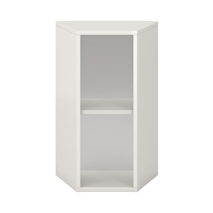 Ein weißes, sechseckiges Eckregal mit zwei offenen Fächern und einem minimalistischen Design, fotografiert vor einem schlichten weißen Hintergrund.