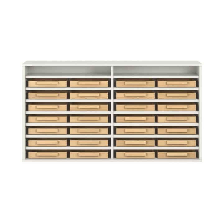 Regalschrank Pureo, offen mit 28 Eigentumskästen, Dekor, B137xH75xT42cm