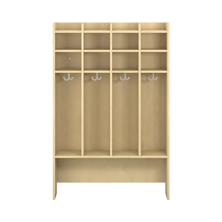 Ein Holzschrank mit vier vertikalen Fächern, jedes mit einem weißen Haken und einem Fach darüber. Die Struktur ist aus hellem Holz und hat unten eine offene Sitzfläche.