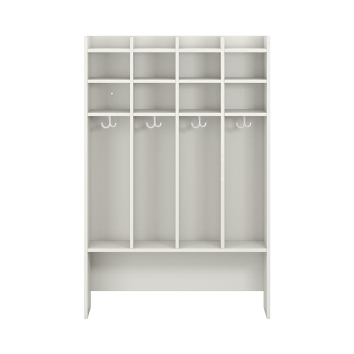 Ein weißer Schrank mit vier vertikalen Fächern, jedes mit zwei offenen Regalen oben, einem Haken in der Mitte und einer Bank unten.