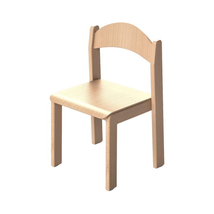 Kleiner Stuhl aus hellem Holz mit quadratischer Sitzfläche, vier geraden Beinen und einer geschwungenen Rückenlehne, abgebildet auf einem weißen Hintergrund.