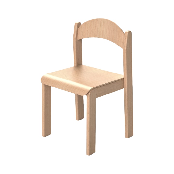 Ein einfacher, heller Holzstuhl mit vier Beinen, einer flachen Sitzfläche und einer leicht gebogenen Rückenlehne, dargestellt vor einem weißen Hintergrund.