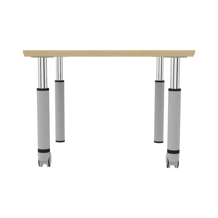 Ein rechteckiger Tisch mit einer Platte aus hellem Holz und vier dicken Metallbeinen, von denen zwei an der Basis Räder haben. Der Tisch ist vor einem schlichten weißen Hintergrund abgebildet.