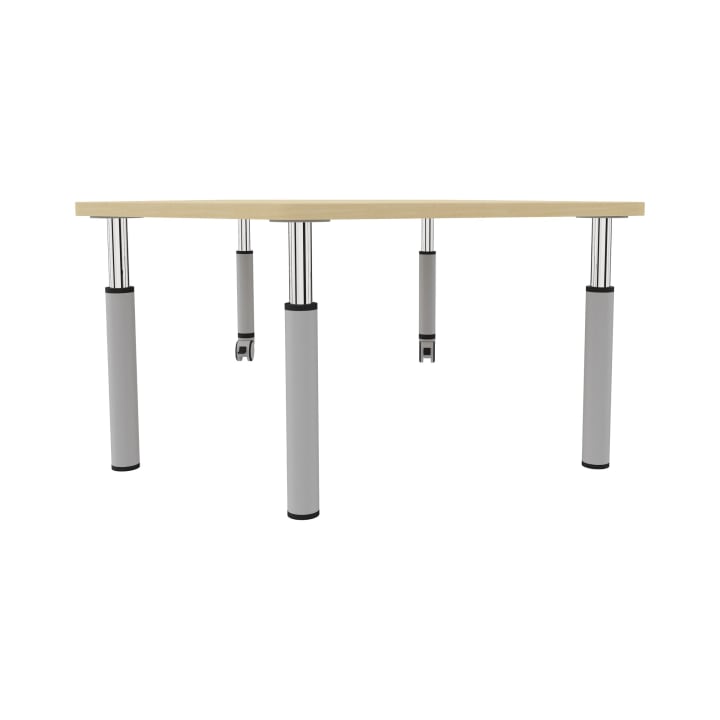 Ein rechteckiger Tisch mit einer Platte aus hellem Holz und fünf zylindrischen grauen Metallbeinen, von denen zwei sichtbare Rollen haben, auf weißem Hintergrund.