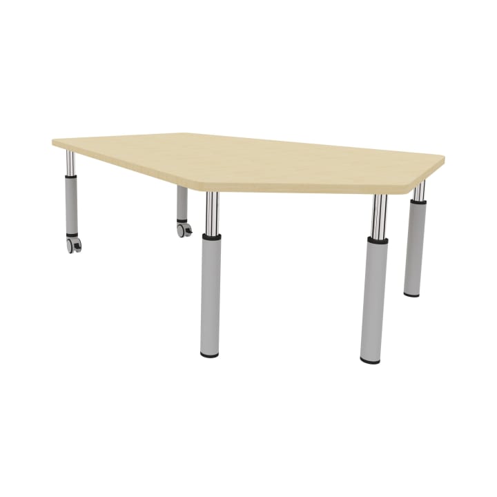 Ein rechteckiger Tisch aus hellem Holz mit vier grauen Metallbeinen, von denen zwei Räder haben. Der Tisch hat abgerundete Ecken und ist auf einem weißen Hintergrund abgebildet.