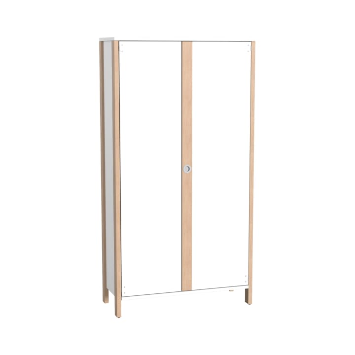 Ein hoher, rechteckiger Schrank mit zwei weißen Türen und hellen Holzverkleidungen, der auf vier Beinen steht. Der Schrank hat ein minimalistisches Design und einen einzelnen runden Griff an einer der Türen.