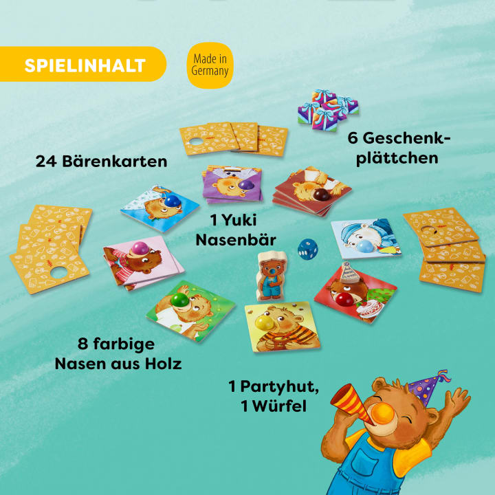 Spielkomponenten auf türkisfarbenem Hintergrund, darunter 24 Bärenkarten, 6 Geschenkplättchen, 1 Yuki-Nasenbär-Figur, 8 farbige Holznasen, 1 Partyhut und 1 Würfel. Ein Cartoon-Bär feiert am unteren Rand.
