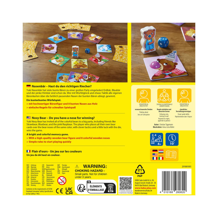 Rückseite einer Brettspielschachtel mit Spielkomponenten, die auf einem Tisch angeordnet sind, darunter Karten, Spielsteine, eine Bärenfigur mit einer roten Nase und ein blauer Würfel. Spielanleitung und Details zum Spiel sind in mehreren Sprachen aufgedruckt.