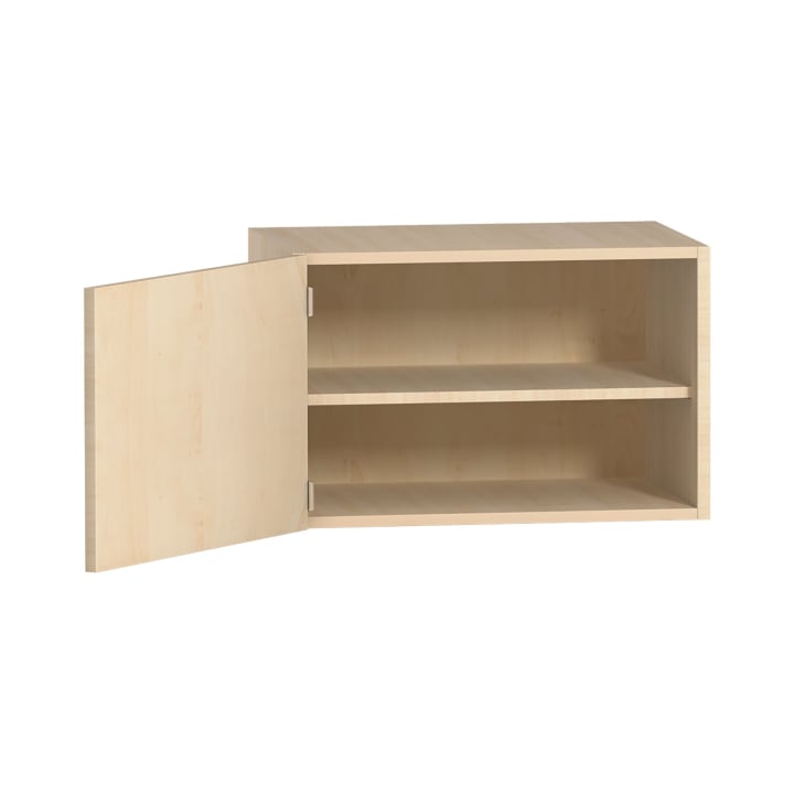 Ein Hängeschrank aus hellem Holz mit einer offenen Tür, die zwei Einlegeböden zeigt. Der Schrank ist rechteckig und schlicht, mit einem einfachen Design und ohne sichtbare Griffe.