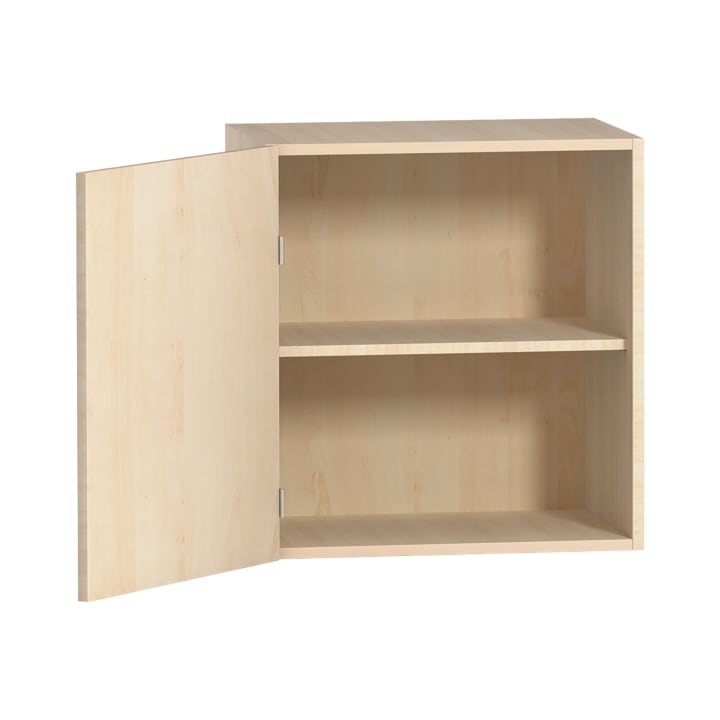 Ein heller Holzschrank mit einer teilweise geöffneten Tür, die zwei Einlegeböden freigibt. Der Schrank hat eine einfache, rechteckige Form und ist leer.