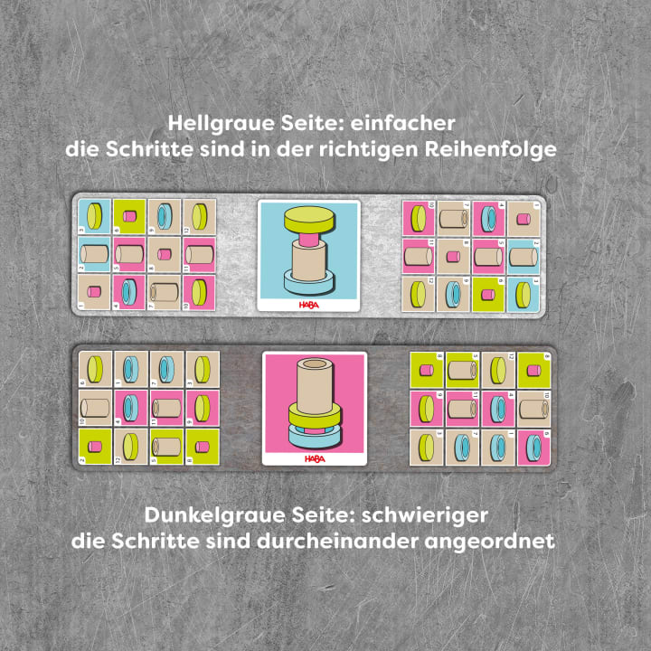 Zwei Sätze von Spielkarten sind auf grauem Hintergrund abgebildet. Der obere Satz hat hellgraue Seiten und geordnete farbige Formen; der untere Satz hat dunkelgraue Seiten und die Formen sind gemischt angeordnet. Oben und unten ist eine deutsche Anleitung angegeben.