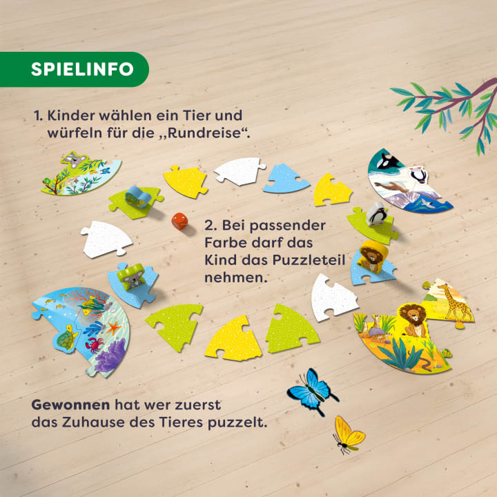 Ein Kinderbrettspiel wird auf einem Holzboden gezeigt. Puzzleteile mit Tier- und Naturillustrationen bilden einen Kreis. Ein deutscher Text beschreibt die Regeln für das Zuordnen der Farben und das Zusammensetzen der Tierhäuser.