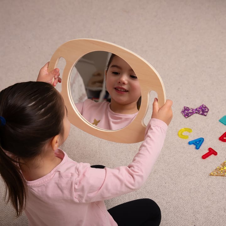 Handspiegel Holz & Acryl, für (kleine) Kinderhände, 2 Griffe