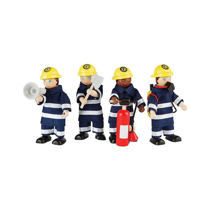 Feuerwehrfiguren, 4 Holz-Figuren, 12 cm, mit Zubehör, ab 3 Jahren