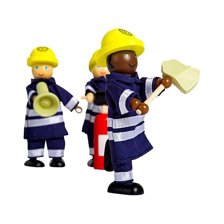 Feuerwehrfiguren, 4 Holz-Figuren, 12 cm, mit Zubehör, ab 3 Jahren