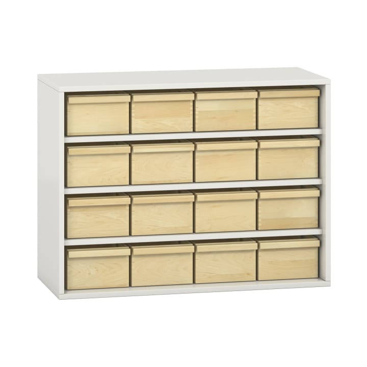 Schrank mit 16 Materialkästen, offen, Dekor