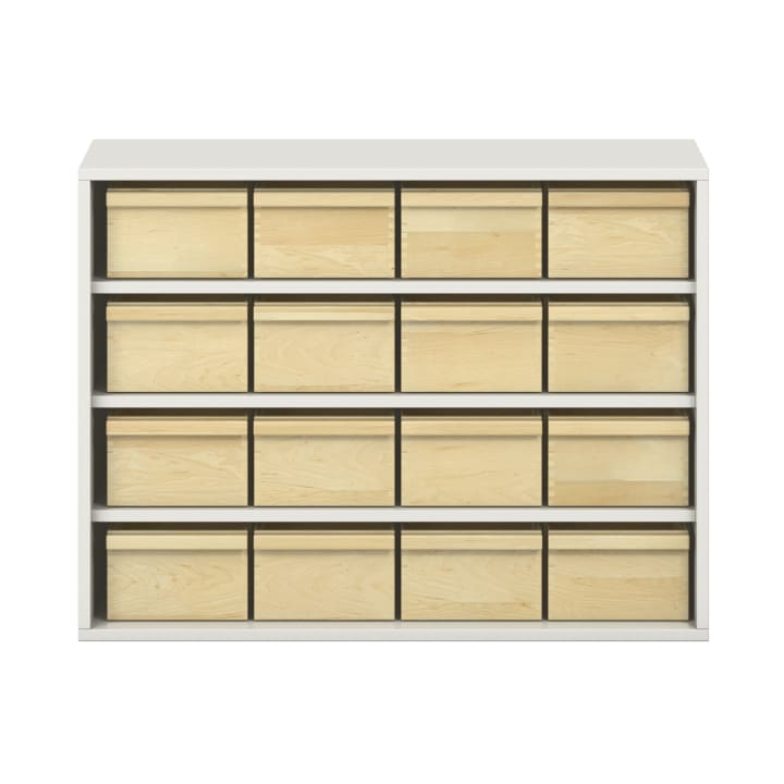 Schrank mit 16 Materialkästen, offen, Dekor