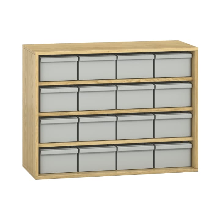 Schrank mit 16 Materialkästen, offen, Furnier