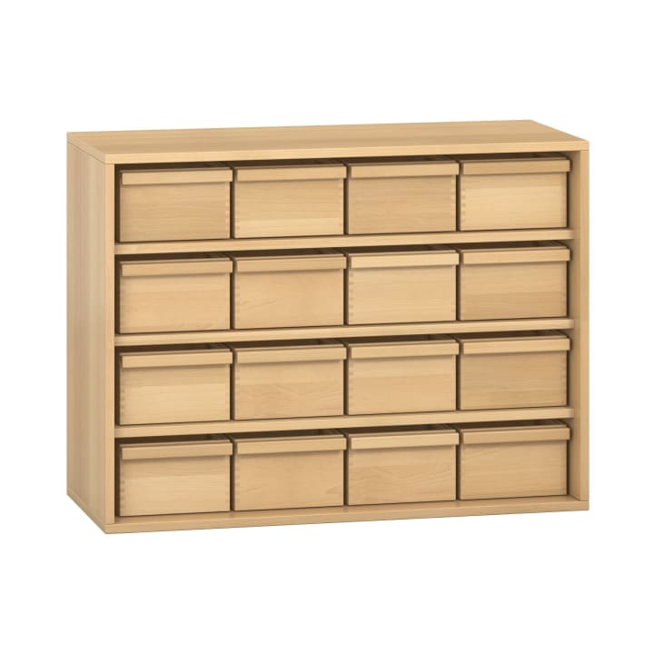 Schrank mit 16 Materialkästen, offen, Furnier