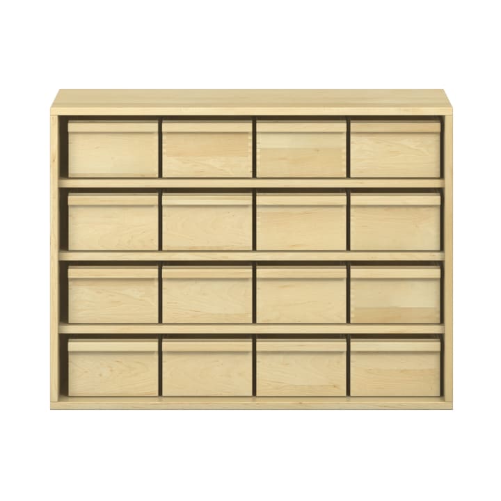 Schrank mit 16 Materialkästen, offen, Furnier