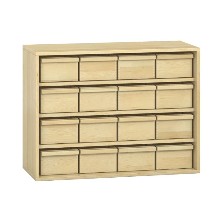 Schrank mit 16 Materialkästen, offen, Furnier