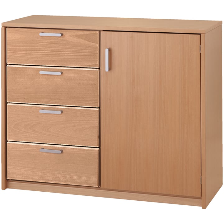 Ein hölzerner Schrank mit drei Schubladen auf der linken Seite und einer einzelnen Tür mit Griff auf der rechten Seite. Die Schubladen und die Tür haben silberfarbene Griffe. Das Holz hat eine hellbraune Oberfläche.