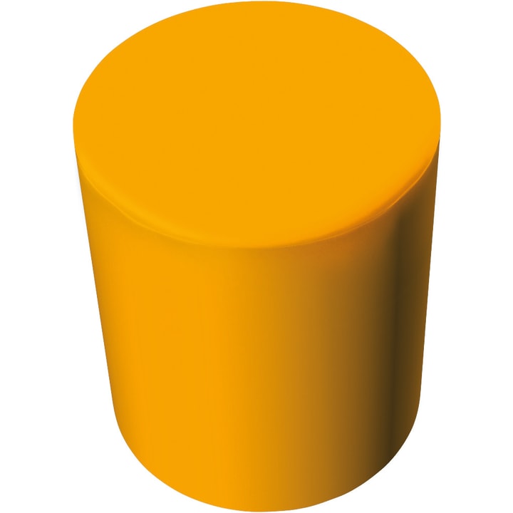 Ein massiver orangefarbener Zylinder mit glatter Oberfläche und abgerundeten Kanten ist auf einem weißen Hintergrund abgebildet.