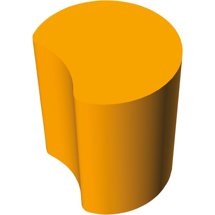 Eine 3D-Darstellung eines orangefarbenen Körpers mit einer abgerundeten Oberseite, zylindrischer Form und einer einzigen konkaven Rille, die vertikal entlang einer Seite eingearbeitet ist.