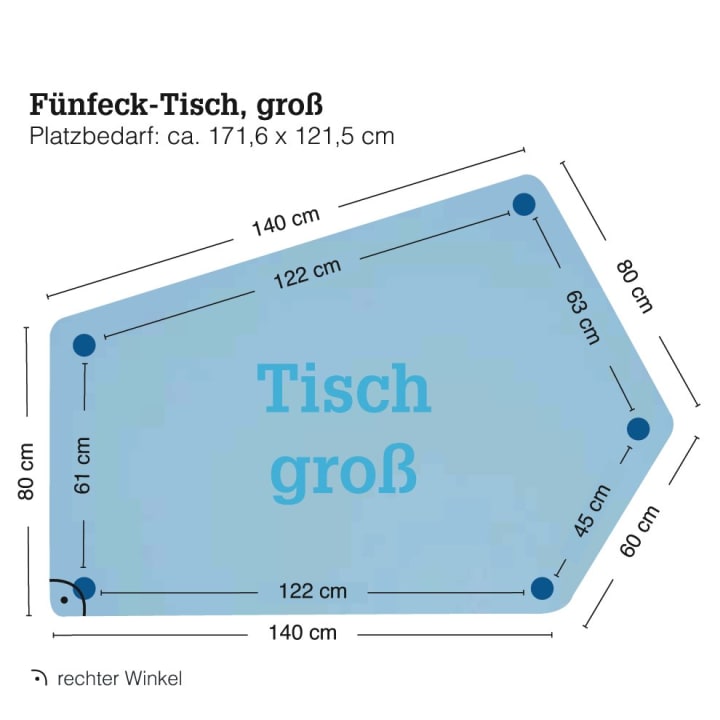 Fünfeck-Tisch grow upp groß, Schraubverstellung 40 - 59 cm, Metallbeine mit Gleitern, L 165,8 x B 115,5 cm