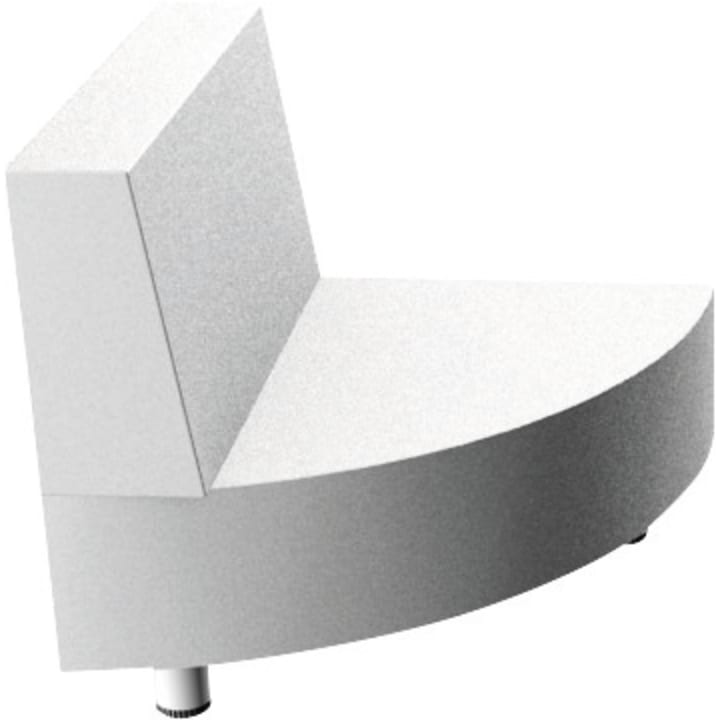 Eine graue, viertelkreisförmige Bank mit gerader Rückenlehne und geschwungener Vorderkante, dargestellt auf weißem Hintergrund. Die Bank hat kurze zylindrische Beine und ein minimalistisches, modernes Design.