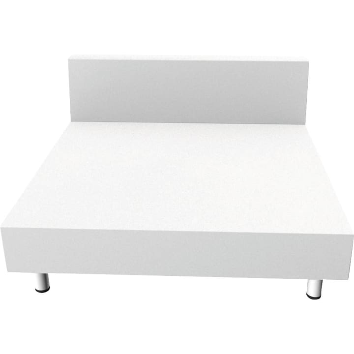 Ein minimalistischer weißer Bettrahmen mit einem rechteckigen Kopfteil und vier zylindrischen Metallfüßen, von vorne gesehen vor einem schlichten Hintergrund.