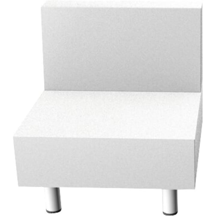 Ein weißer, kastenförmiger Stuhl mit gerader Rückenlehne und Sitzfläche, der von vier kurzen zylindrischen Metallbeinen getragen wird. Der Stuhl hat ein minimalistisches und modernes Design.