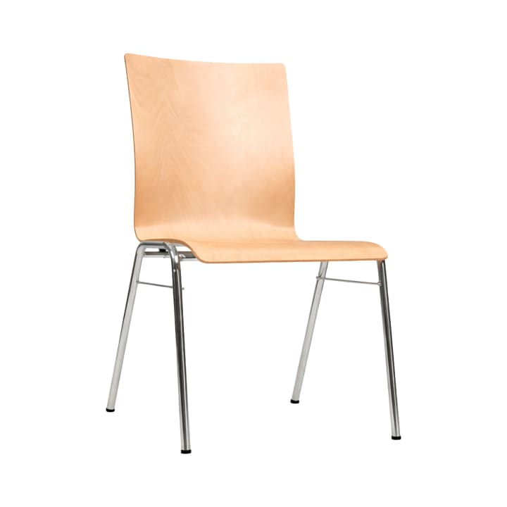Ein Stuhl aus hellem Holz mit geschwungener Rückenlehne und Sitzfläche, gestützt von vier glänzenden Metallbeinen. Das Design ist einfach und modern und eignet sich für den Einsatz in Büros, Schulen oder Essbereichen.