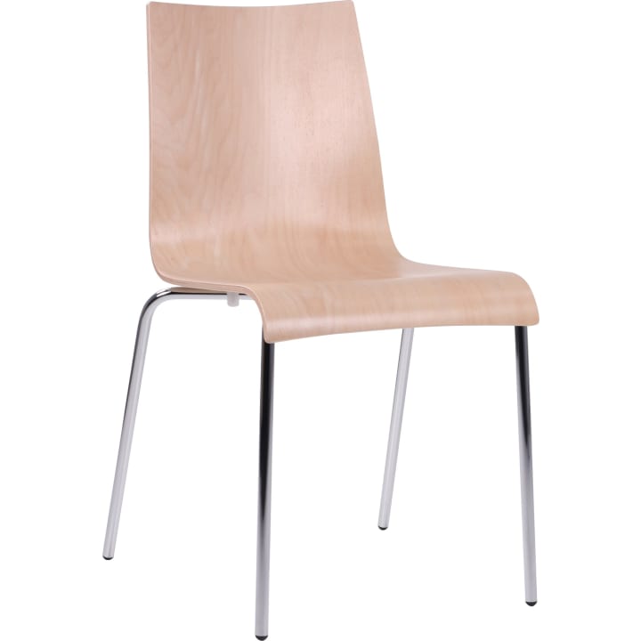 Ein Holzstuhl mit glatter, geschwungener Sitzfläche und Rückenlehne, gestützt von vier Metallbeinen. Das Design ist einfach und modern, ohne Armlehnen oder Kissen.