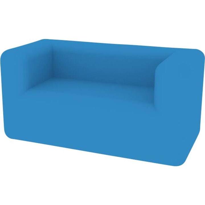 Ein blaues, modernes, rechteckiges Sofa mit dicken, massiven Seiten und Rückenlehnen. Das Design ist einfach mit glatten, abgerundeten Kanten und ohne sichtbare Beine oder Kissen.