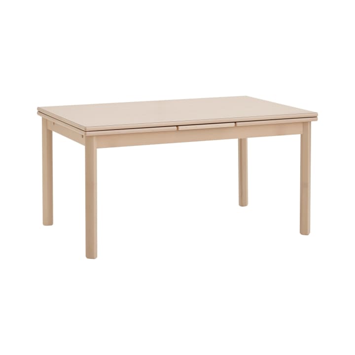 Ein rechteckiger Tisch aus hellem Holz mit vier geraden Beinen, der vor einem weißen Hintergrund steht. Der Tisch hat ein einfaches, minimalistisches Design ohne sichtbare Verzierungen oder Schubladen.