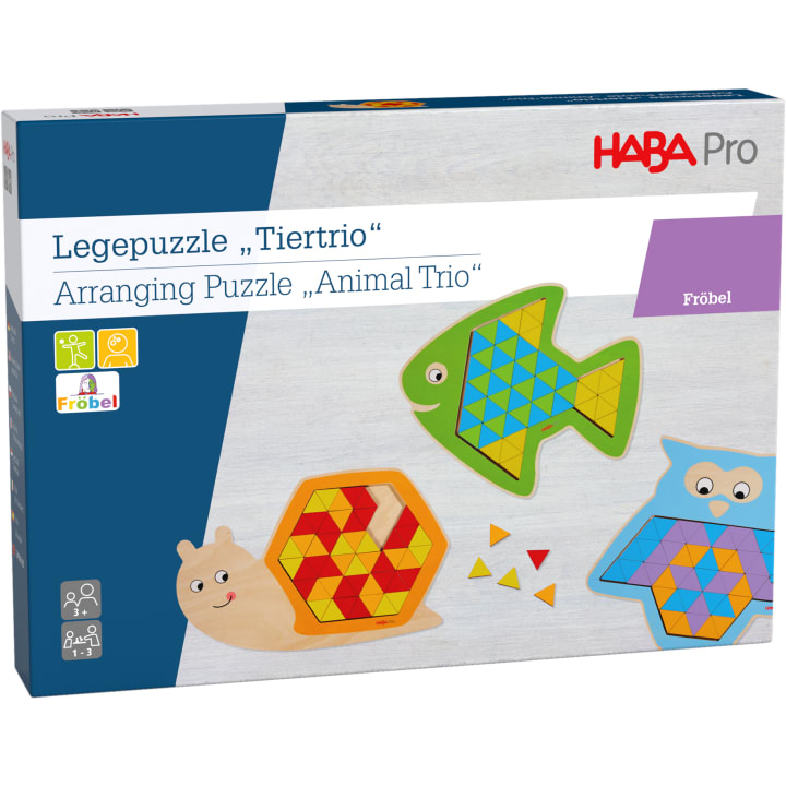 Schachtel des HABA Pro Arrangierpuzzles "Animal Trio" mit geometrischen Tierformen: Fisch, Schnecke und Eule. Die Schachtel ist überwiegend weiß mit blauen Akzenten und Produktinformationen in Deutsch und Englisch.