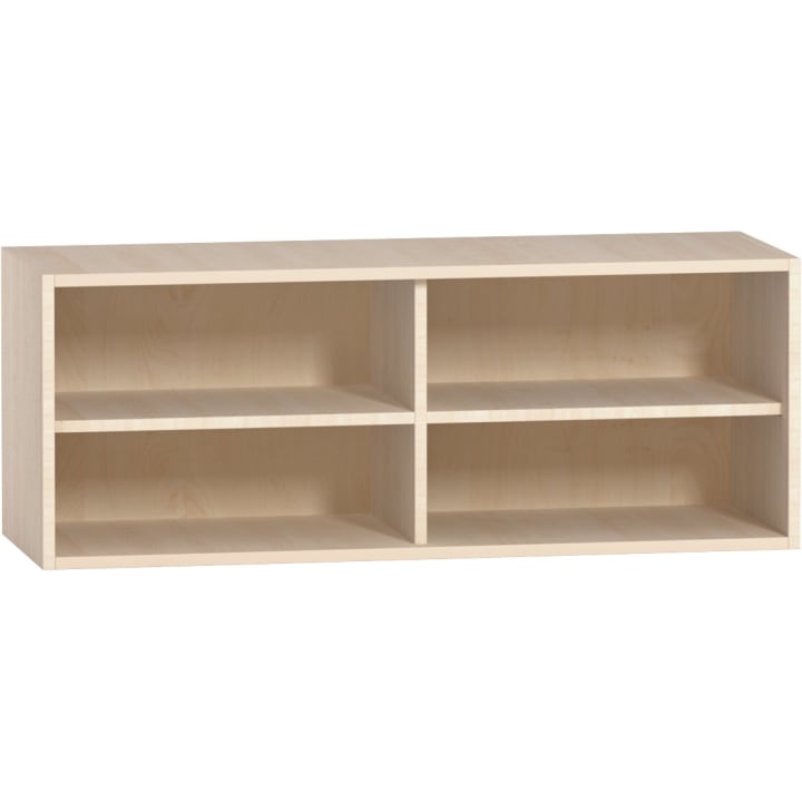 Ein rechteckiges Bücherregal aus hellem Holz mit vier offenen Fächern, die in zwei Reihen und zwei Spalten angeordnet sind. Die Fächer sind leer.