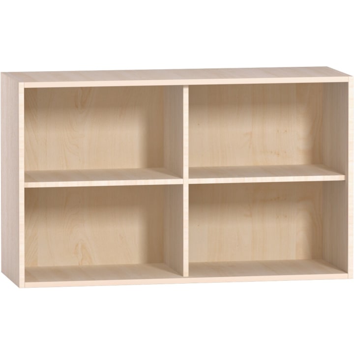 Ein helles, holzfarbenes, rechteckiges Bücherregal mit vier gleichen, offenen Fächern, die in einem 2x2-Raster angeordnet sind. Die Einlegeböden und Trennwände sind schlicht, und die Oberfläche ist glatt, ohne Gegenstände oder Verzierungen.