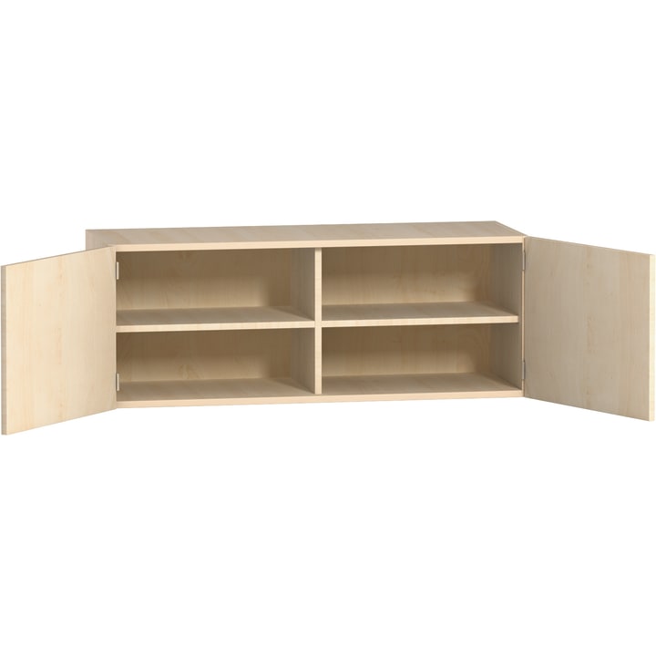 Ein Schrank aus hellem Holz mit zwei offenen Türen, die vier leere rechteckige Fächer offenbaren, die durch horizontale und vertikale Einlegeböden unterteilt sind.