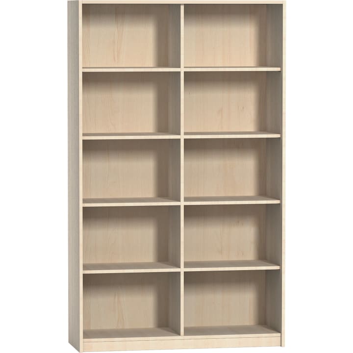 Ein hohes Bücherregal aus hellem Holz mit vier Säulen und drei Reihen, die zwölf leere rechteckige Fächer bilden. Die Fächer sind gleichmäßig verteilt und die Oberfläche ist glatt.