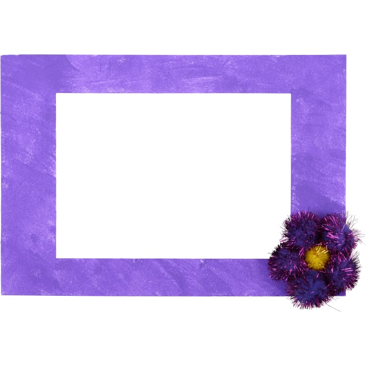Ein rechteckiger Rahmen mit einem strukturierten violetten Rand und einer Gruppe von violettem und gelbem Zierflitter in der rechten unteren Ecke; die Mitte des Rahmens ist leer und weiß.