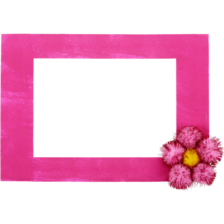 Ein rechteckiger rosafarbener Rahmen mit einer leeren weißen Mitte. In der rechten unteren Ecke befinden sich drei rosa und ein gelber flauschiger Bommel, die wie eine Blume angeordnet sind.