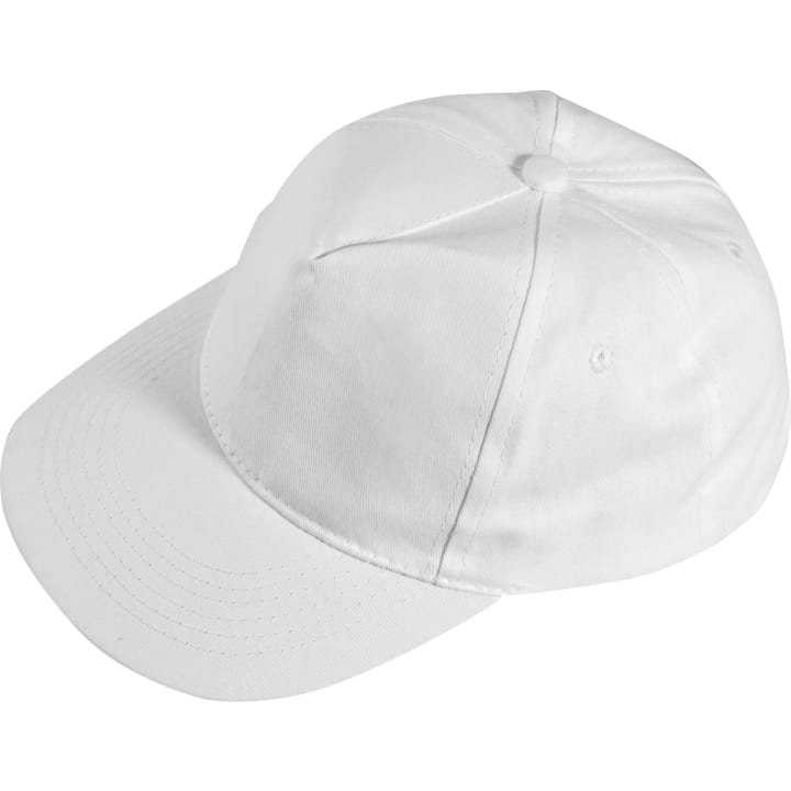 Eine schlichte weiße Baseballkappe mit gebogenem Rand und genähten Einsätzen, fotografiert aus der schrägen Draufsicht vor einem weißen Hintergrund.